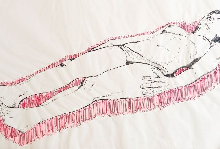 Iva Dimitrijević, Na iglama 50x95 cm tuš na paus papiru, 2023.